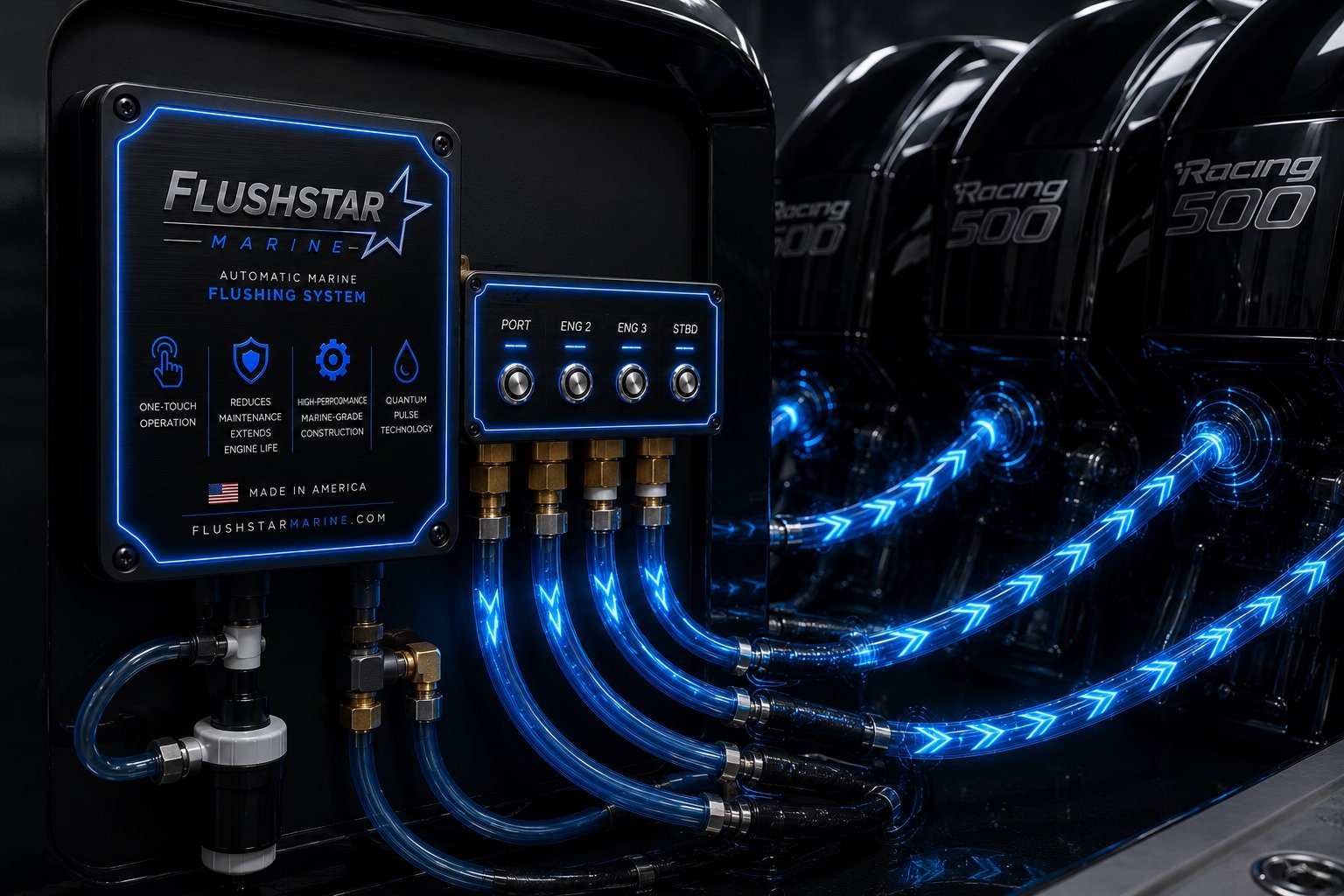 FlushStar Quantum 25 manifold connected to a bank of outboard engines